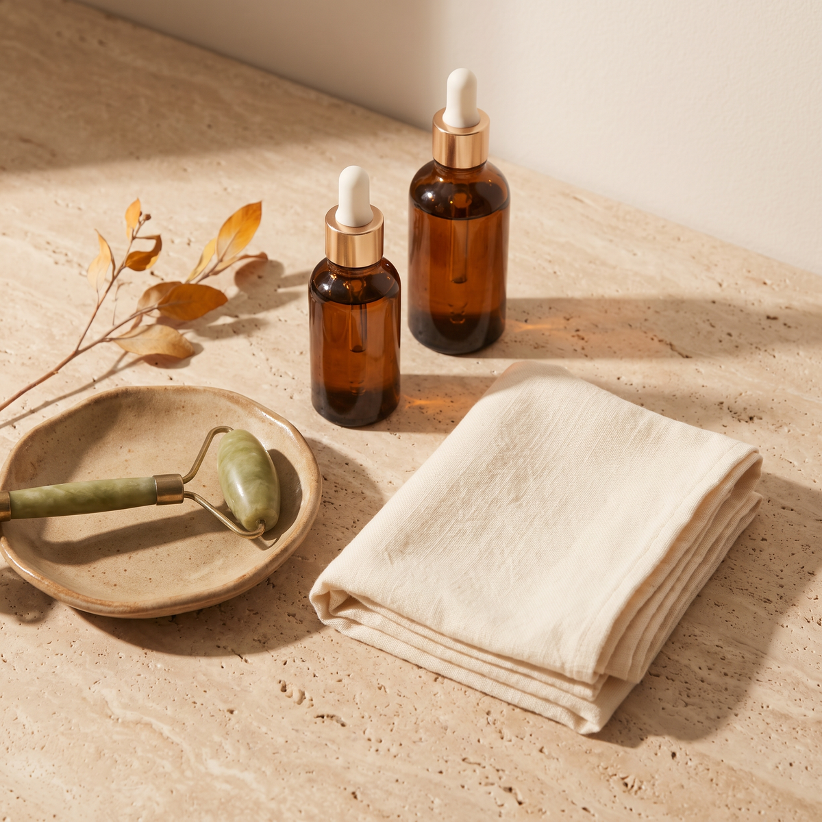 Amber glass bottles, facial roller and cotton flannel