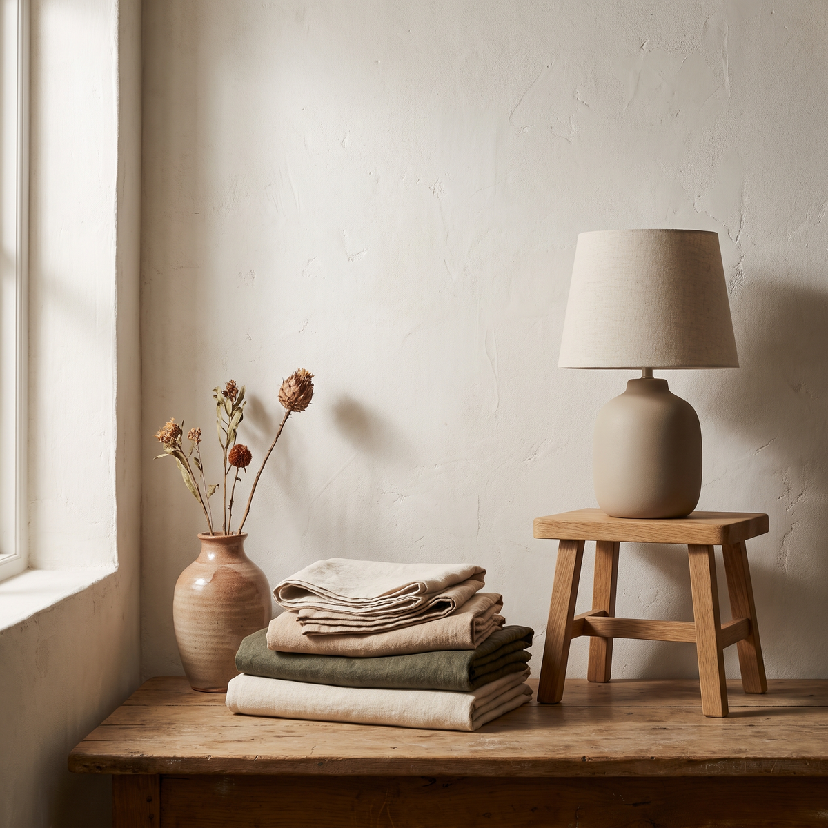 Linen textiles, ceramic vase and oak stool