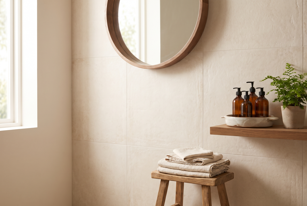 Calm bathroom with folded towels and round mirror
