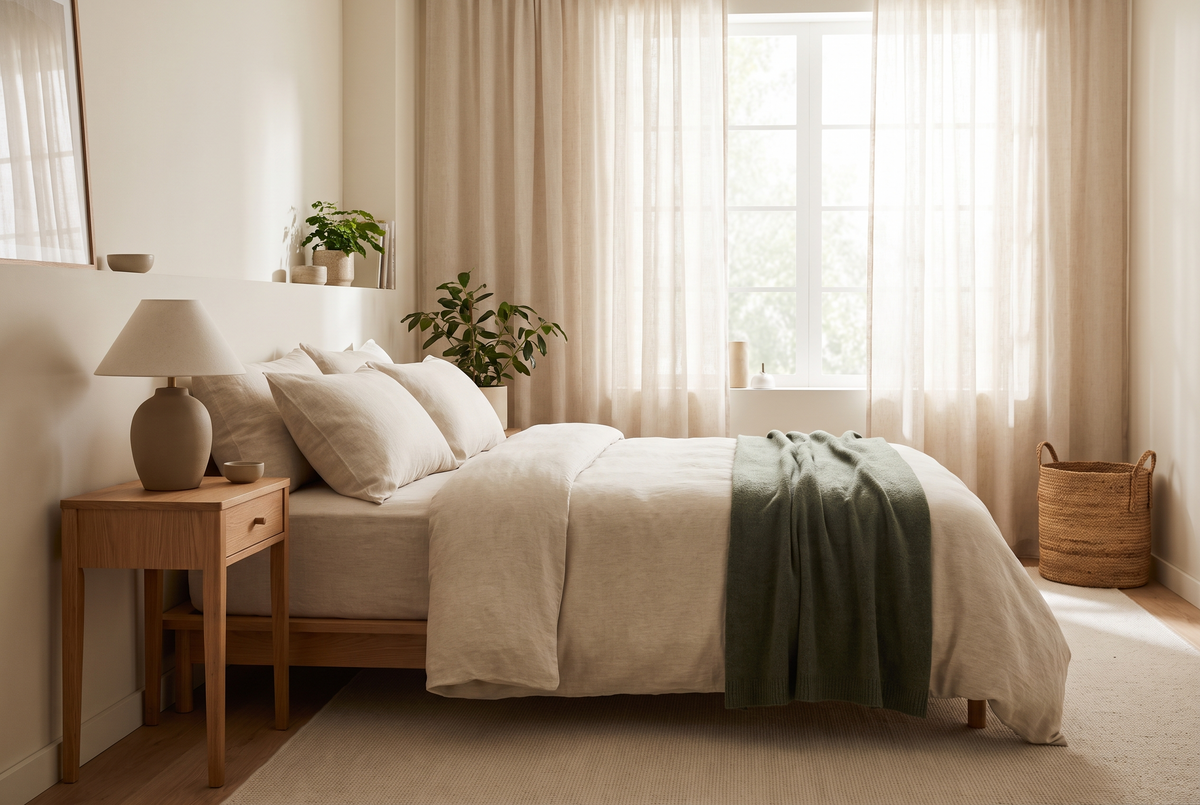 Bedroom with oatmeal linen bedding and oak bedside table