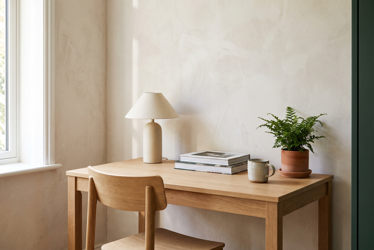 Home office corner with oak desk and matte lamp