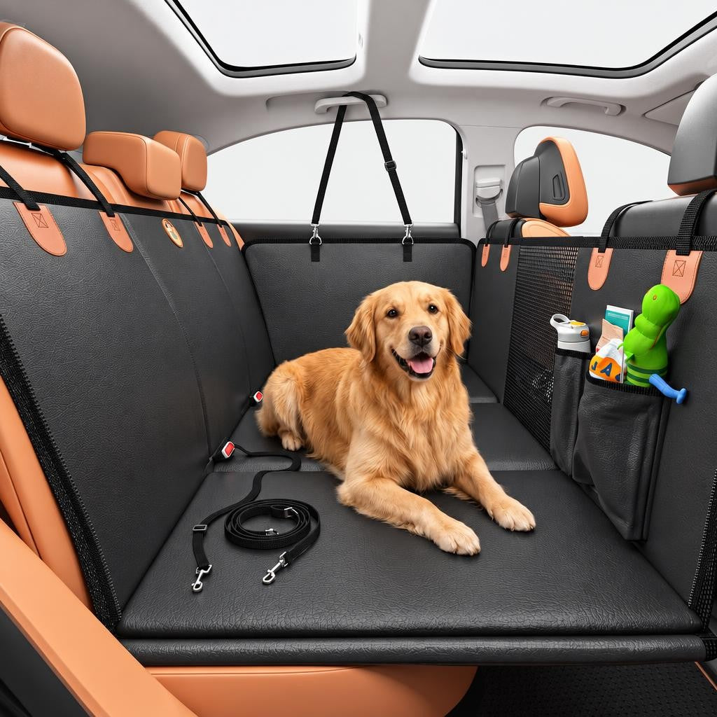 Golden retriever lying on a black dog car back seat cover with storage pockets
