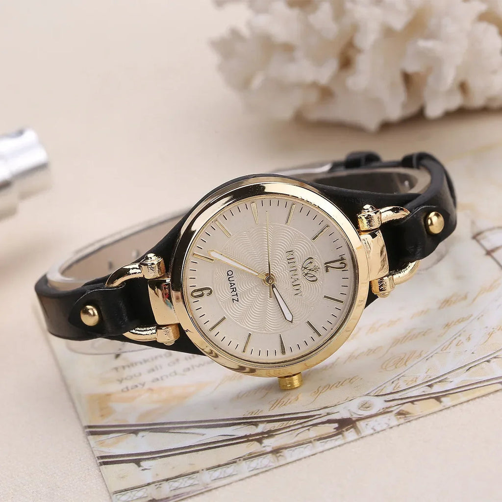 Women's Round Quartz Watch with Vegan Leather Strap