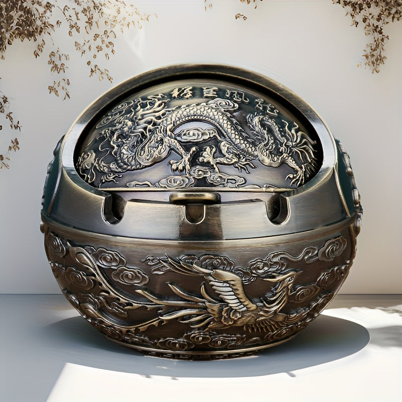 Decorative Metal Ashtray with Lid and Relief Design