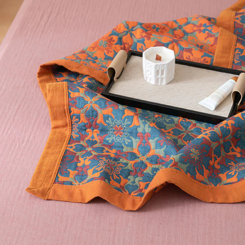 Blue and Orange Geometric Floral Bedspread