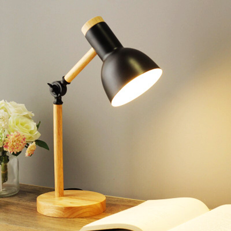 Adjustable Table Lamp with Wood Arm and Metal Shade
