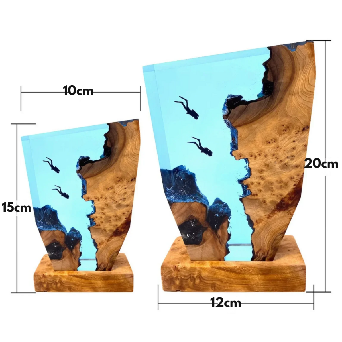Size comparison of 15 cm and 20 cm wooden diver table lamps with dimensions