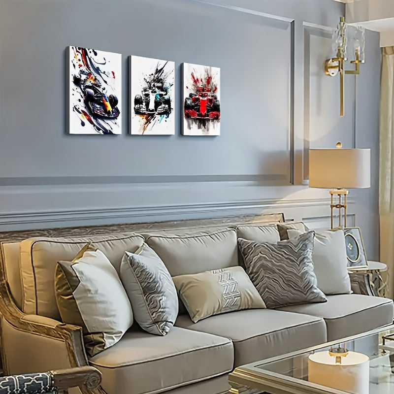 3-Piece Frameless Canvas Wall Art Set with Race Car Prints