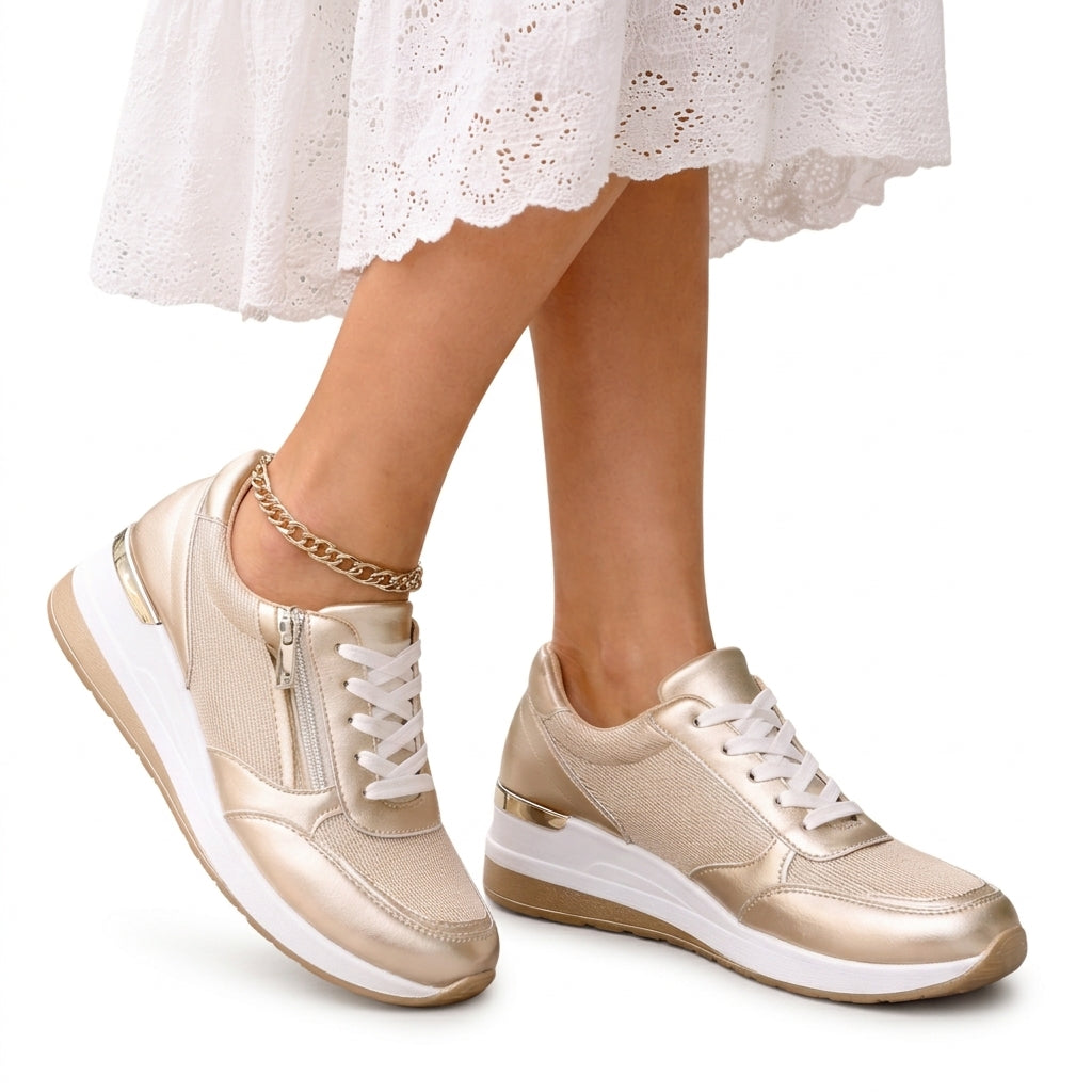 Gold lace up sneakers, leather platform sneakers with side zip, worn with a white broderie skirt