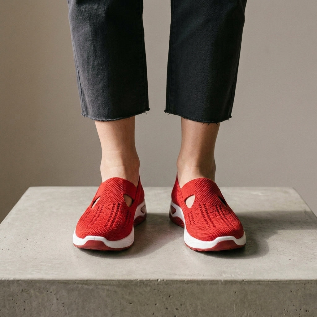Red mesh knit sneakers, front view worn with grey cropped jeans.
