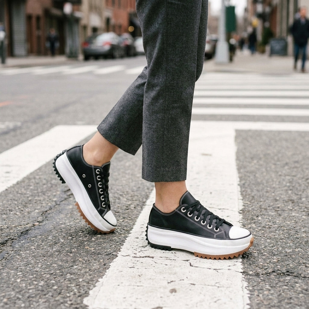Black orthopedic sneakers for women with white stitching and a sculpted sole, worn with grey trousers.