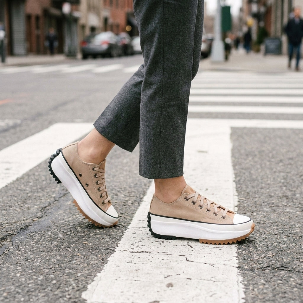Brown lace-up sneakers with tonal laces and a sculpted sole, worn with grey trousers.