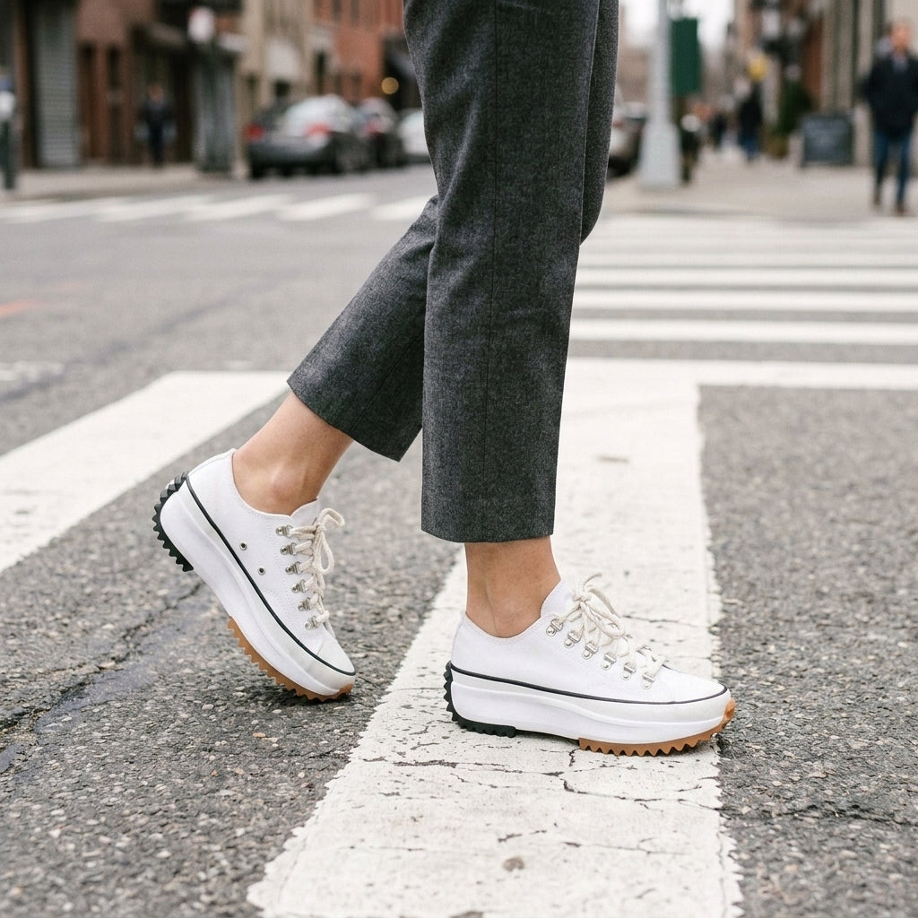 White lace-up sneakers with cream laces and a sculpted sole, worn with grey trousers.