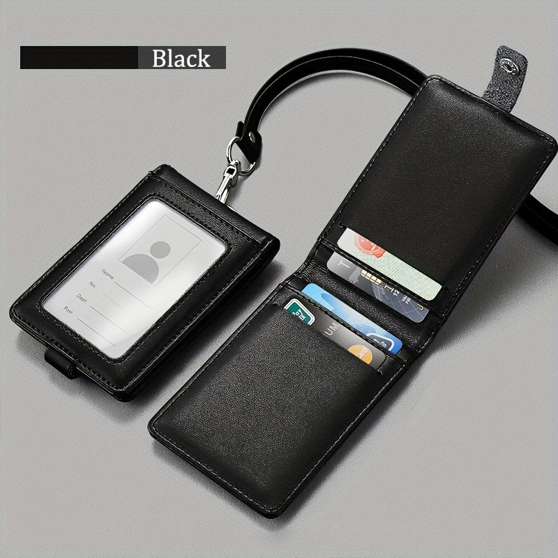 Leather ID Card Holder with Clear Window and Lanyard