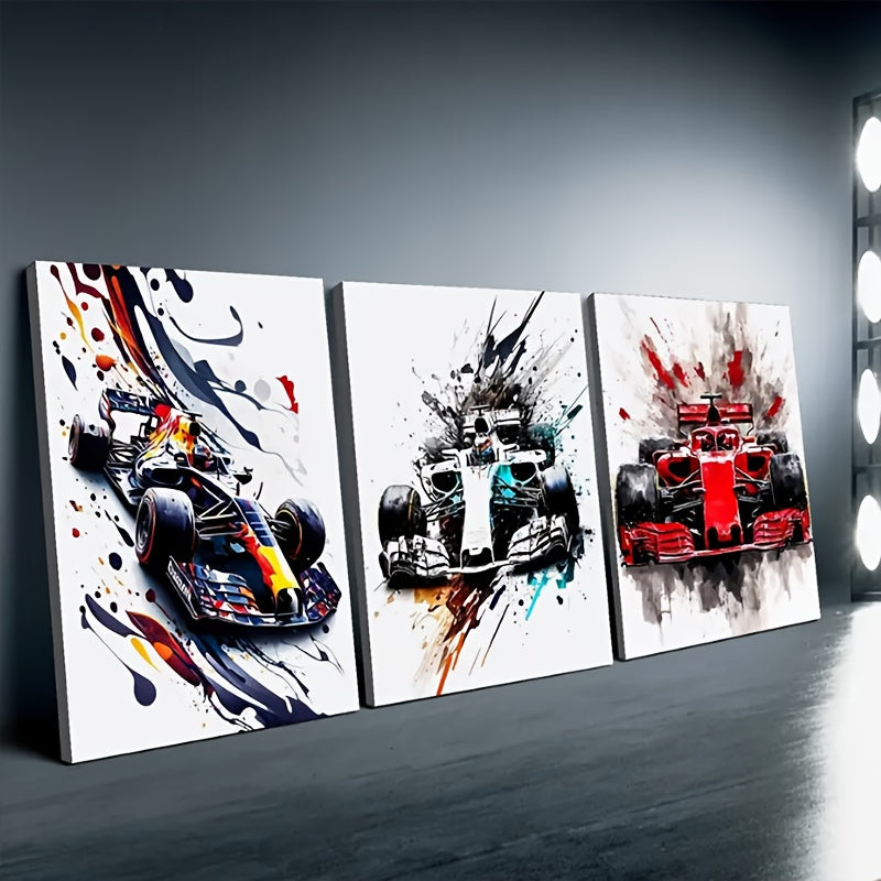 3-Piece Frameless Canvas Wall Art Set with Race Car Prints