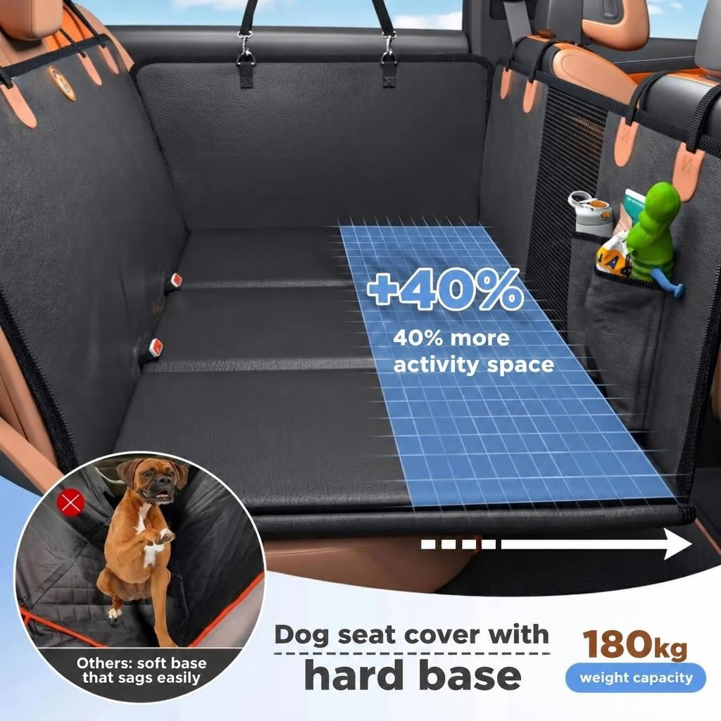 Black dog car seat cover spread across the back seat