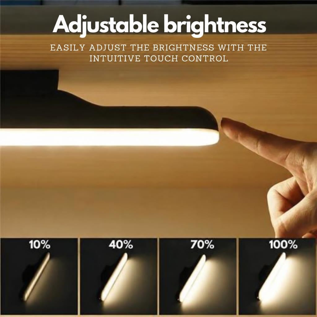 Touch sensor cabinet light fitted under a wooden shelf with a finger on the touch control