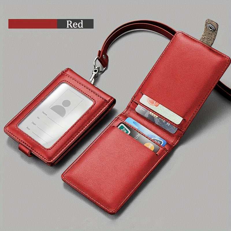 Leather ID Card Holder with Clear Window and Lanyard