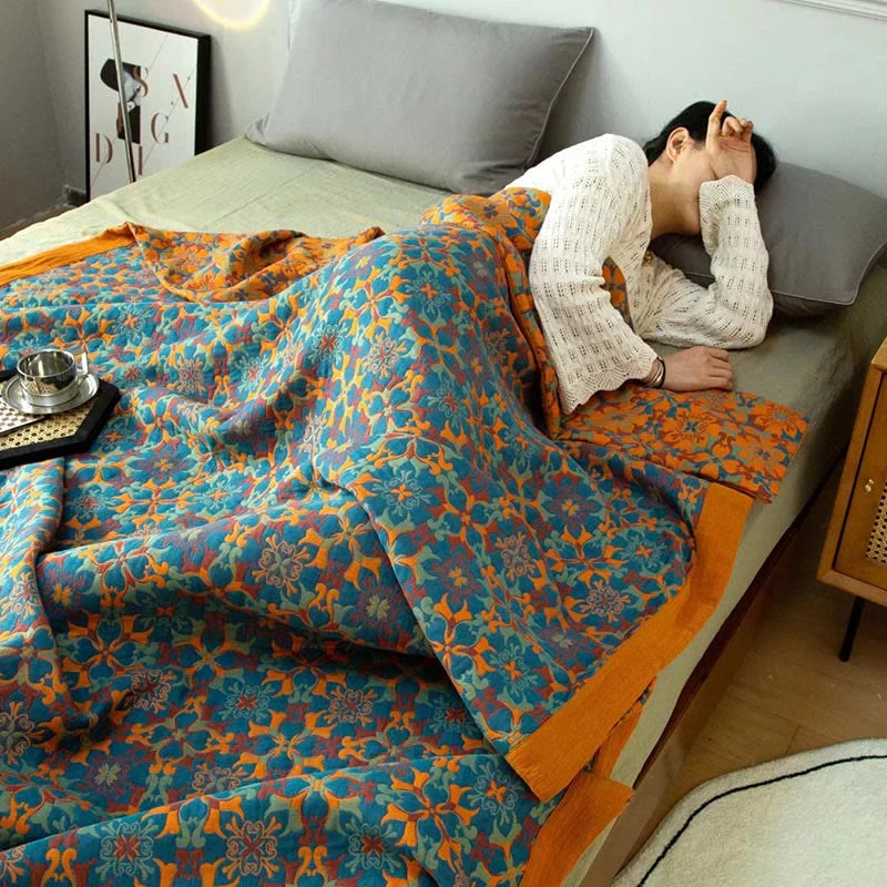 Blue and Orange Geometric Floral Bedspread