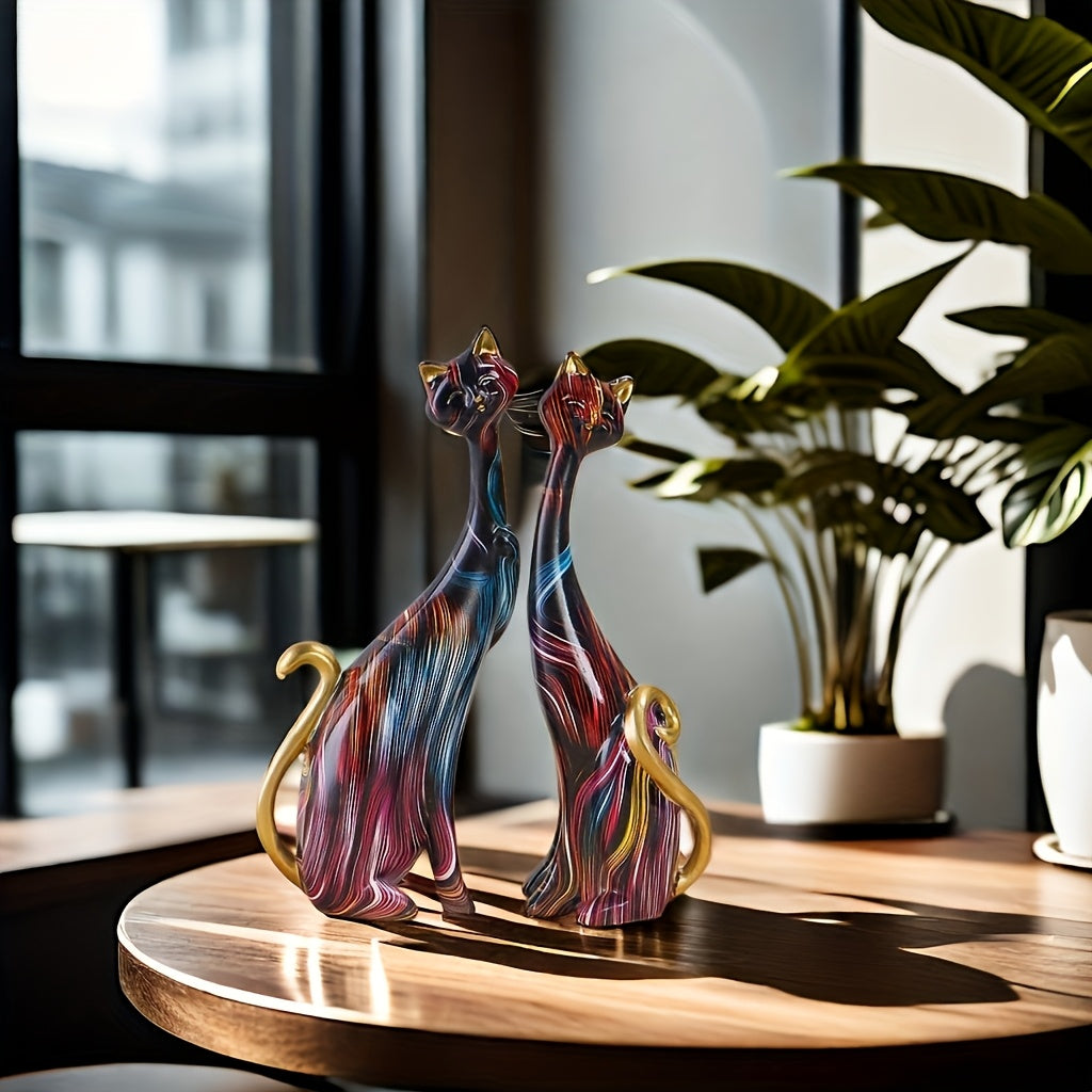 Colorful Decorative Cat Figurine Duo for Shelves and Tables
