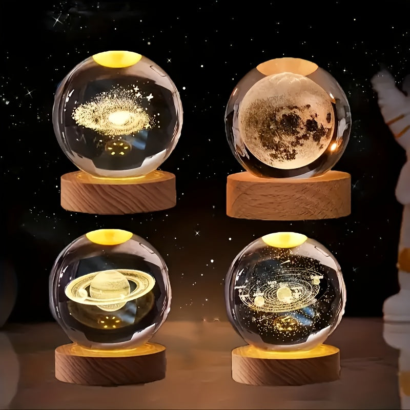 3D Crystal Ball LED Night Light with Wood Base