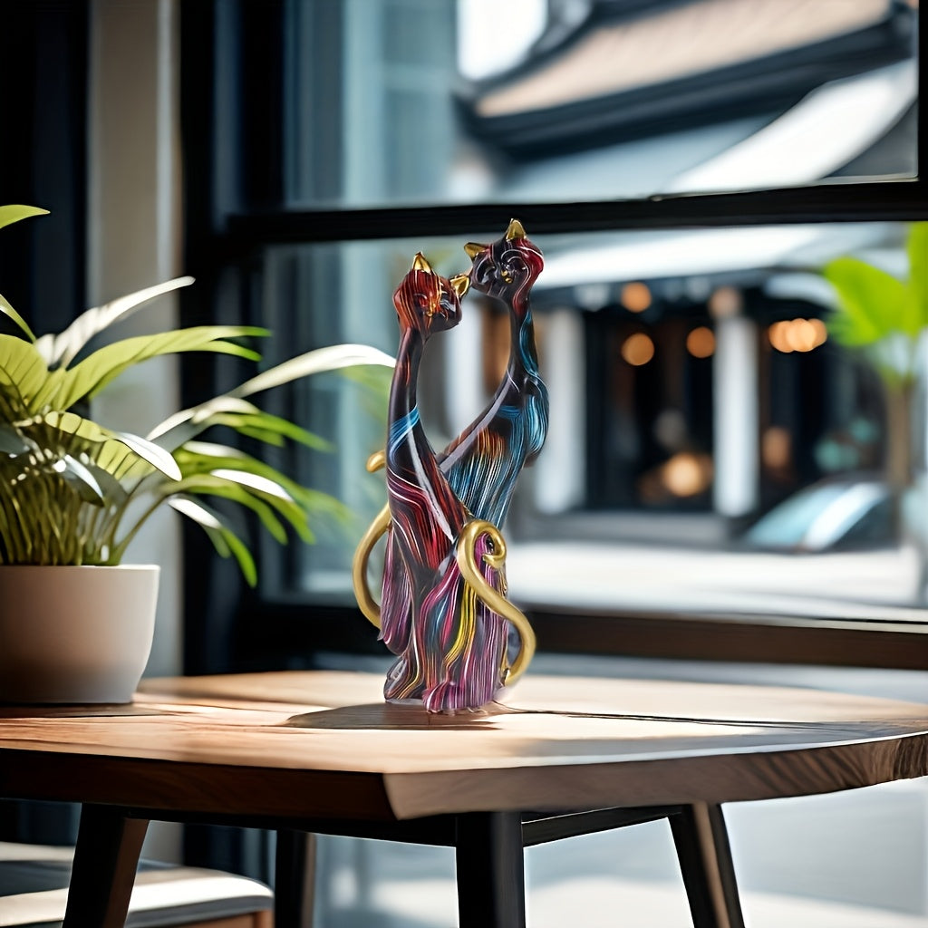 Colorful Decorative Cat Figurine Duo for Shelves and Tables