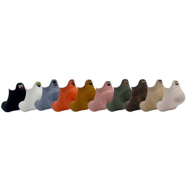 Row of ankle socks in ten colours, each with a different embroidered character