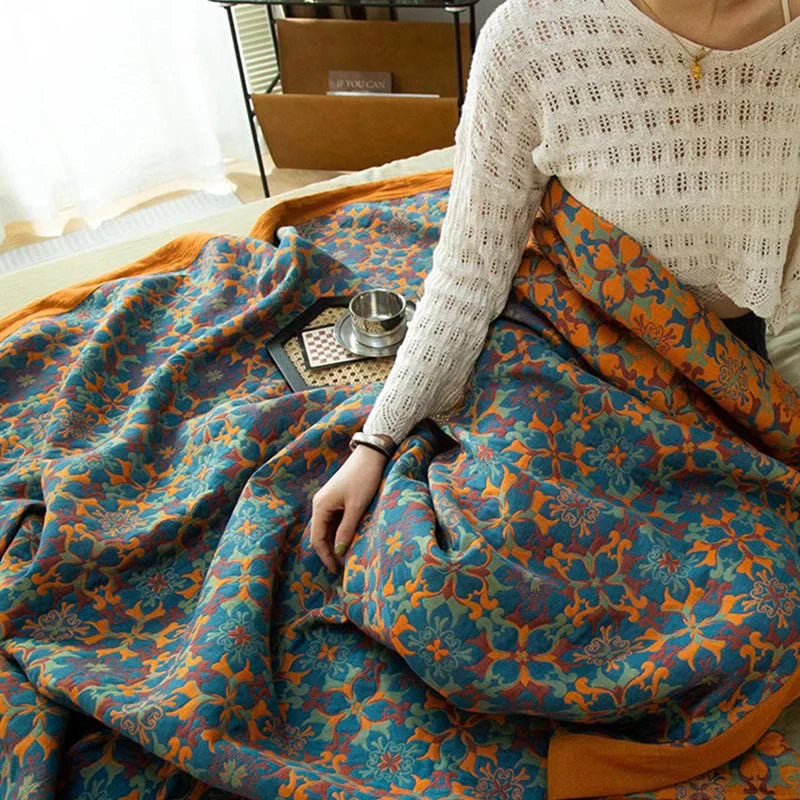 Blue and Orange Geometric Floral Bedspread