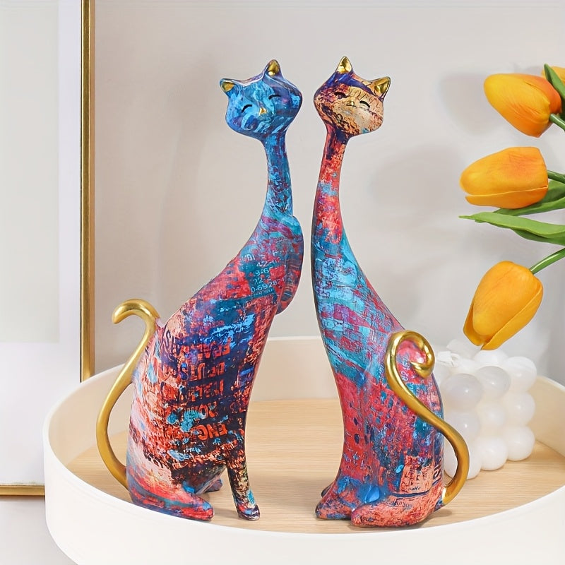 Colorful Decorative Cat Figurine Duo for Shelves and Tables