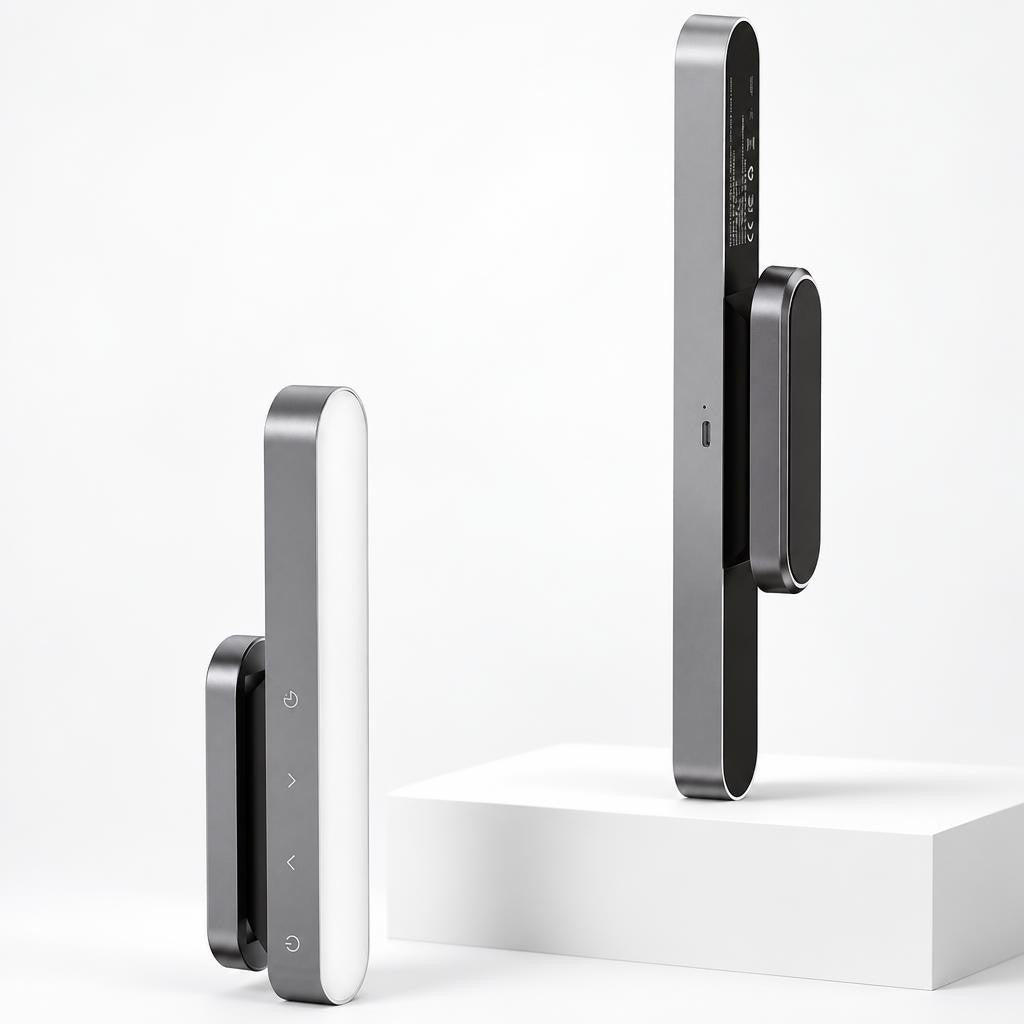 Two slim touch cabinet lights standing upright beside each other on a white block