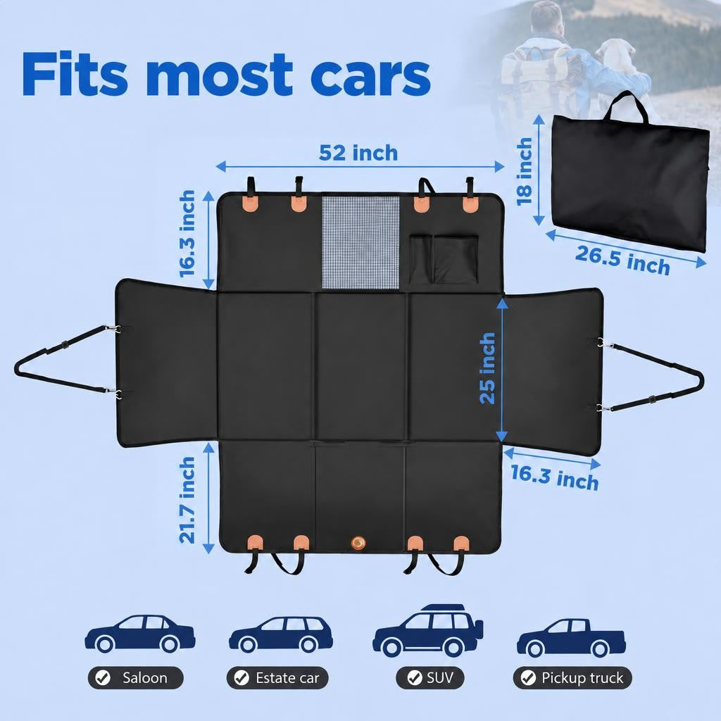 Black dog car back seat cover with side panels and mesh panel