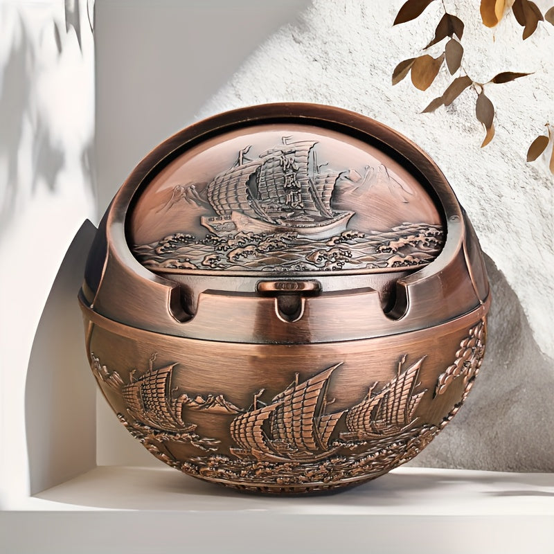 Decorative Metal Ashtray with Lid and Relief Design