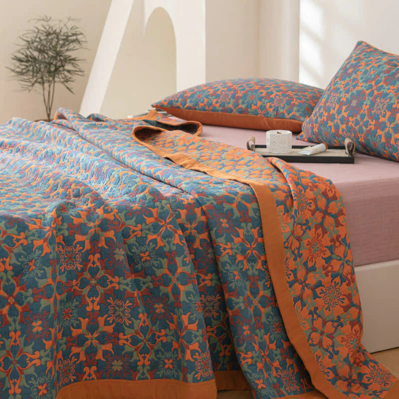Blue and Orange Geometric Floral Bedspread