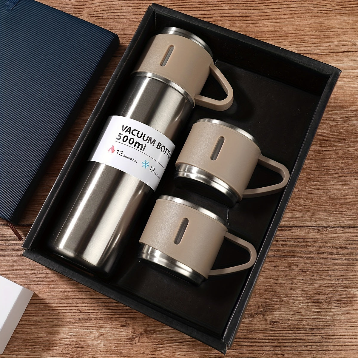 Insulated Stainless Steel Bottle Set with 3 Handled Cups