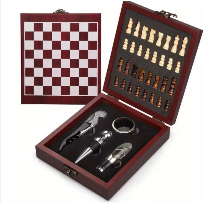 Wooden Chess Set with Wine Accessories Storage Box