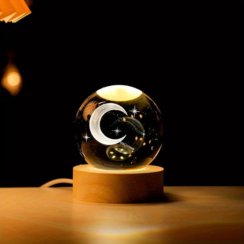 3D Crystal Ball LED Night Light with Wood Base