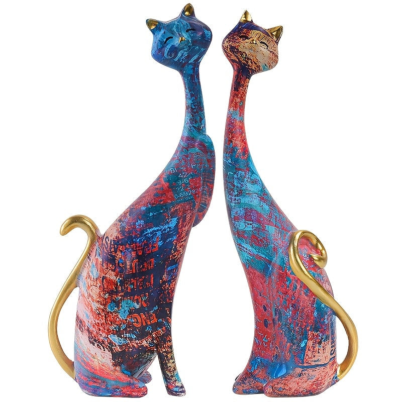 Colorful Decorative Cat Figurine Duo for Shelves and Tables