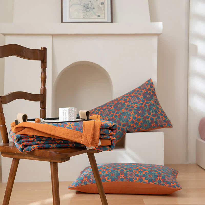 Blue and Orange Geometric Floral Bedspread