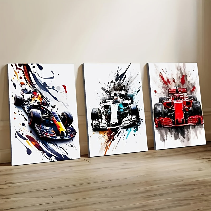 3-Piece Frameless Canvas Wall Art Set with Race Car Prints