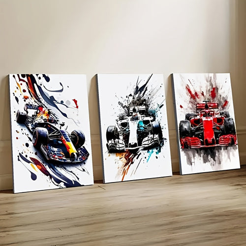 3-Piece Frameless Canvas Wall Art Set with Race Car Prints