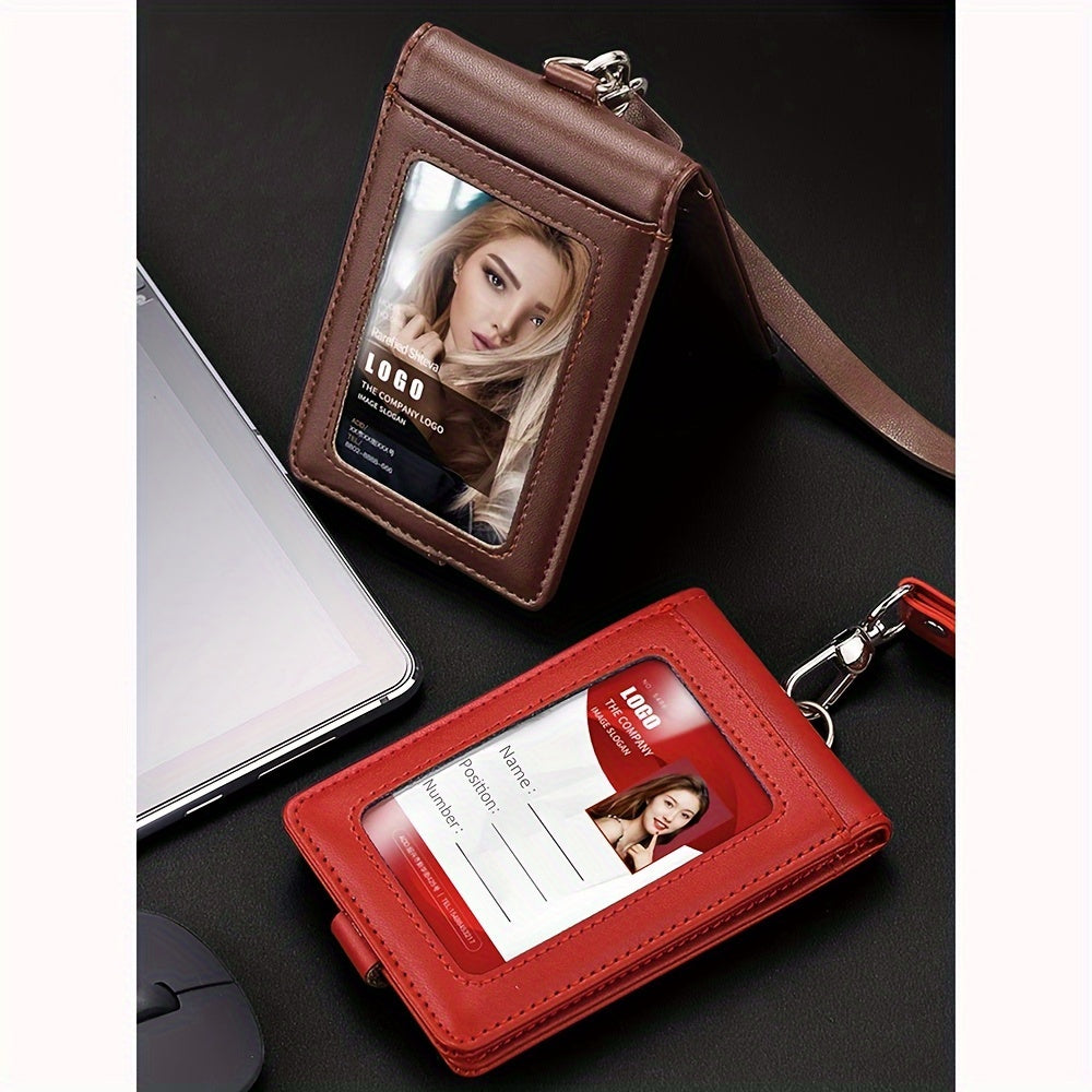 Leather ID Card Holder with Clear Window and Lanyard