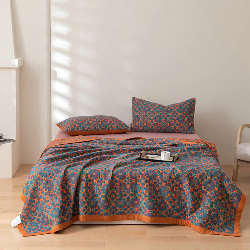 Blue and Orange Geometric Floral Bedspread
