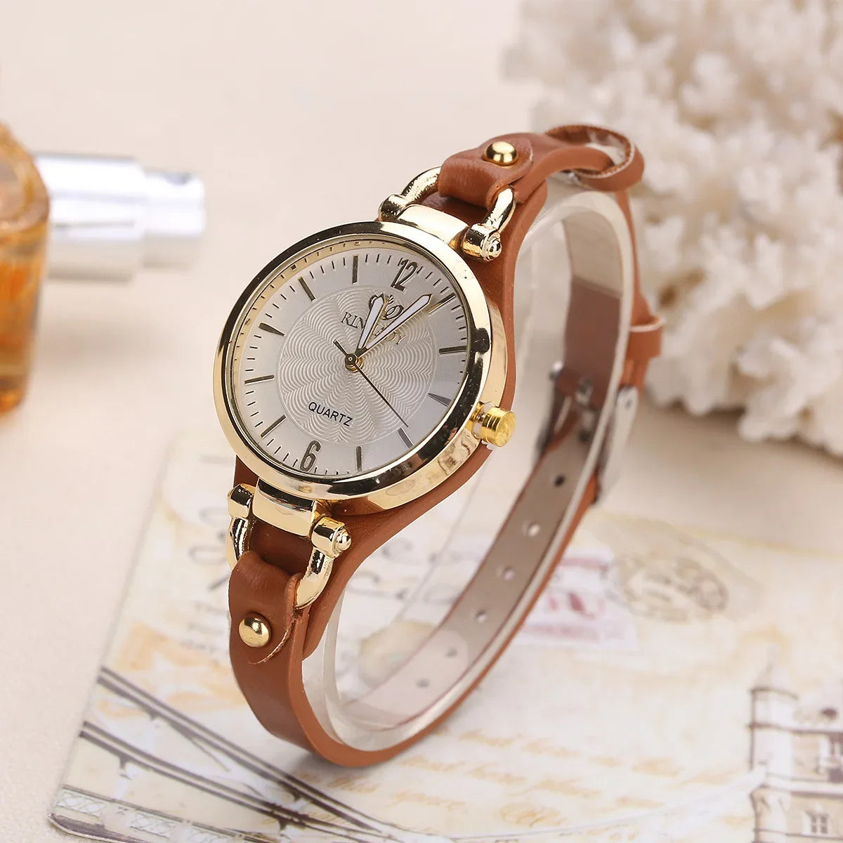 Women's Round Quartz Watch with Vegan Leather Strap