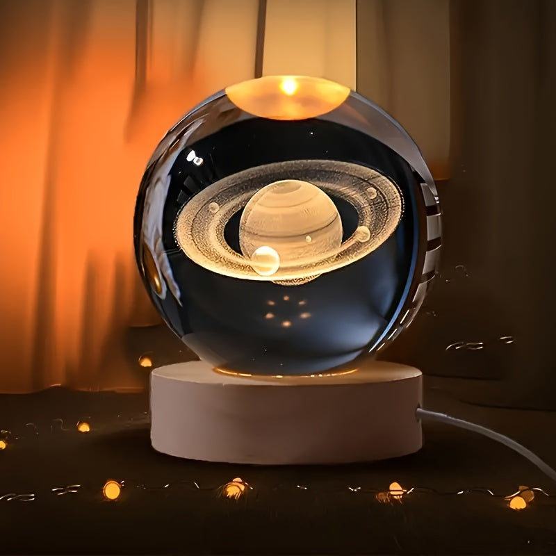 3D Crystal Ball LED Night Light with Wood Base