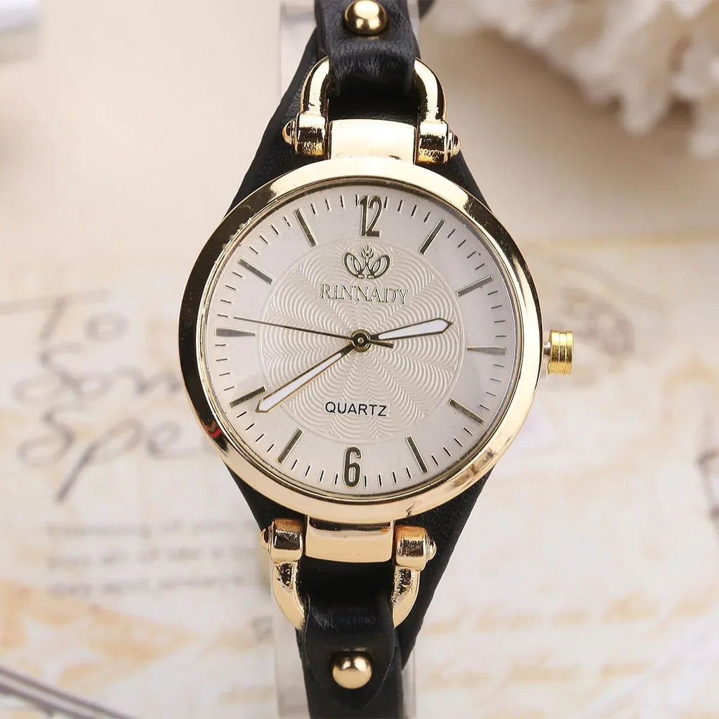 Women's Round Quartz Watch with Vegan Leather Strap