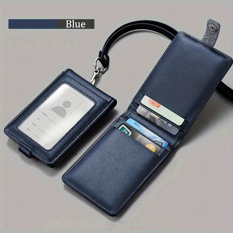 Leather ID Card Holder with Clear Window and Lanyard