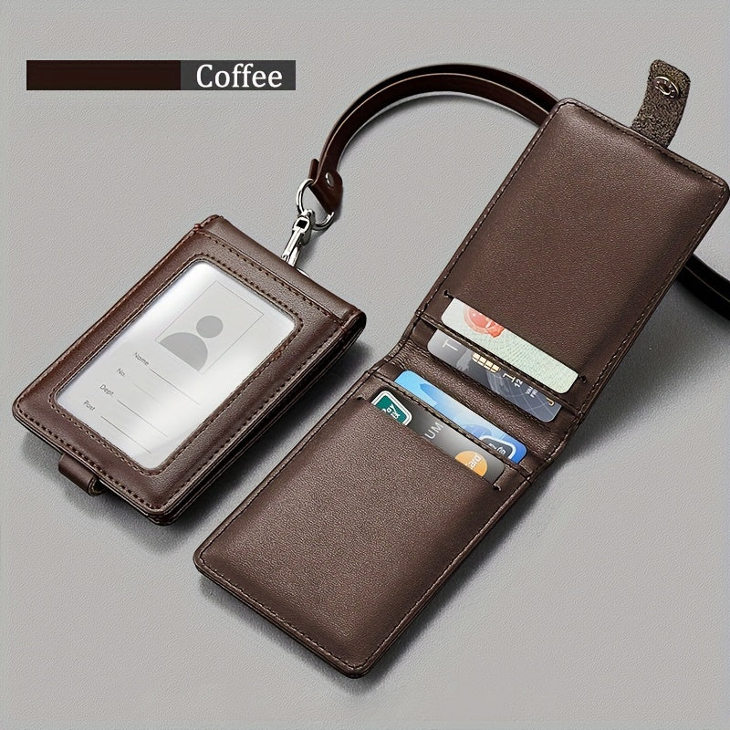 Leather ID Card Holder with Clear Window and Lanyard
