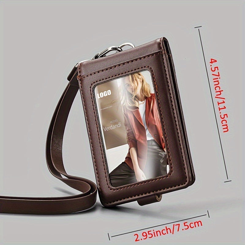 Leather ID Card Holder with Clear Window and Lanyard