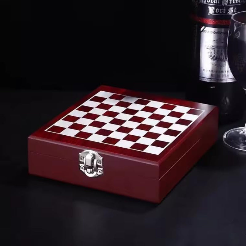 Wooden Chess Set with Wine Accessories Storage Box