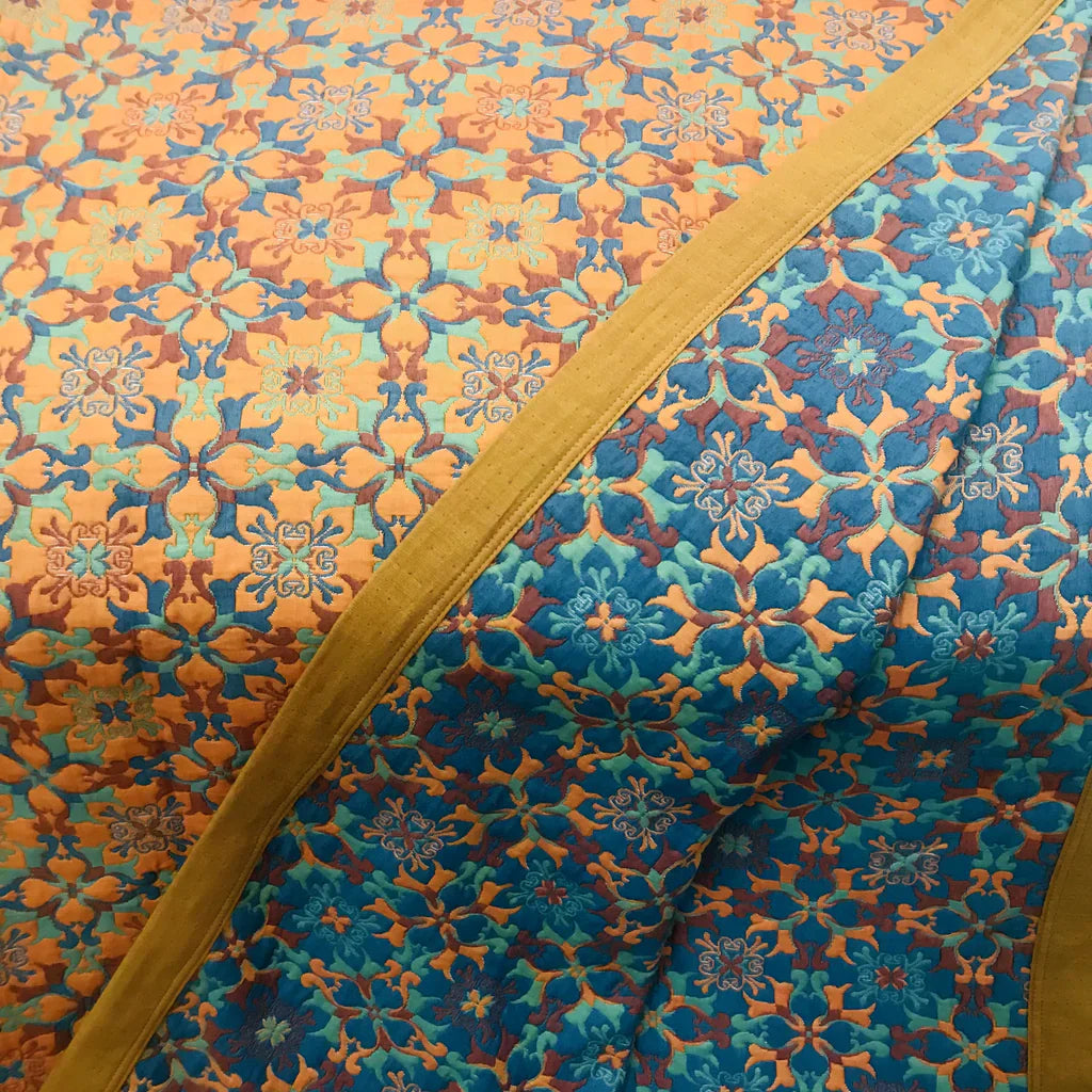 Blue and Orange Geometric Floral Bedspread